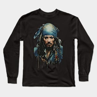 Pirate in Old Classic Costume with Furious Face in Ink Painting Style Long Sleeve T-Shirt